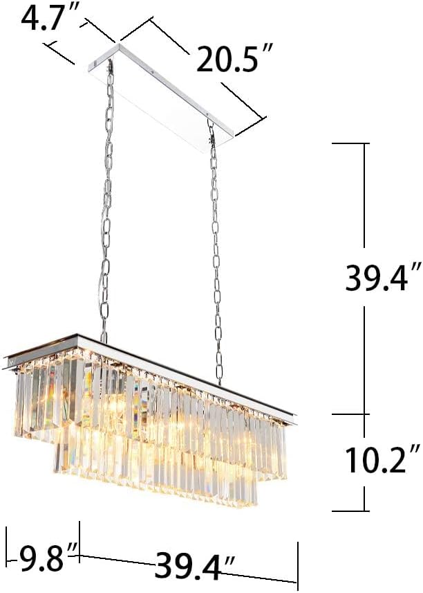 L39.4 Chrome Rectangle Modern Crystal Chandeliers Lighting Rectangular Pendant Ceiling Lights Fixture Lamp for Dining Living Room