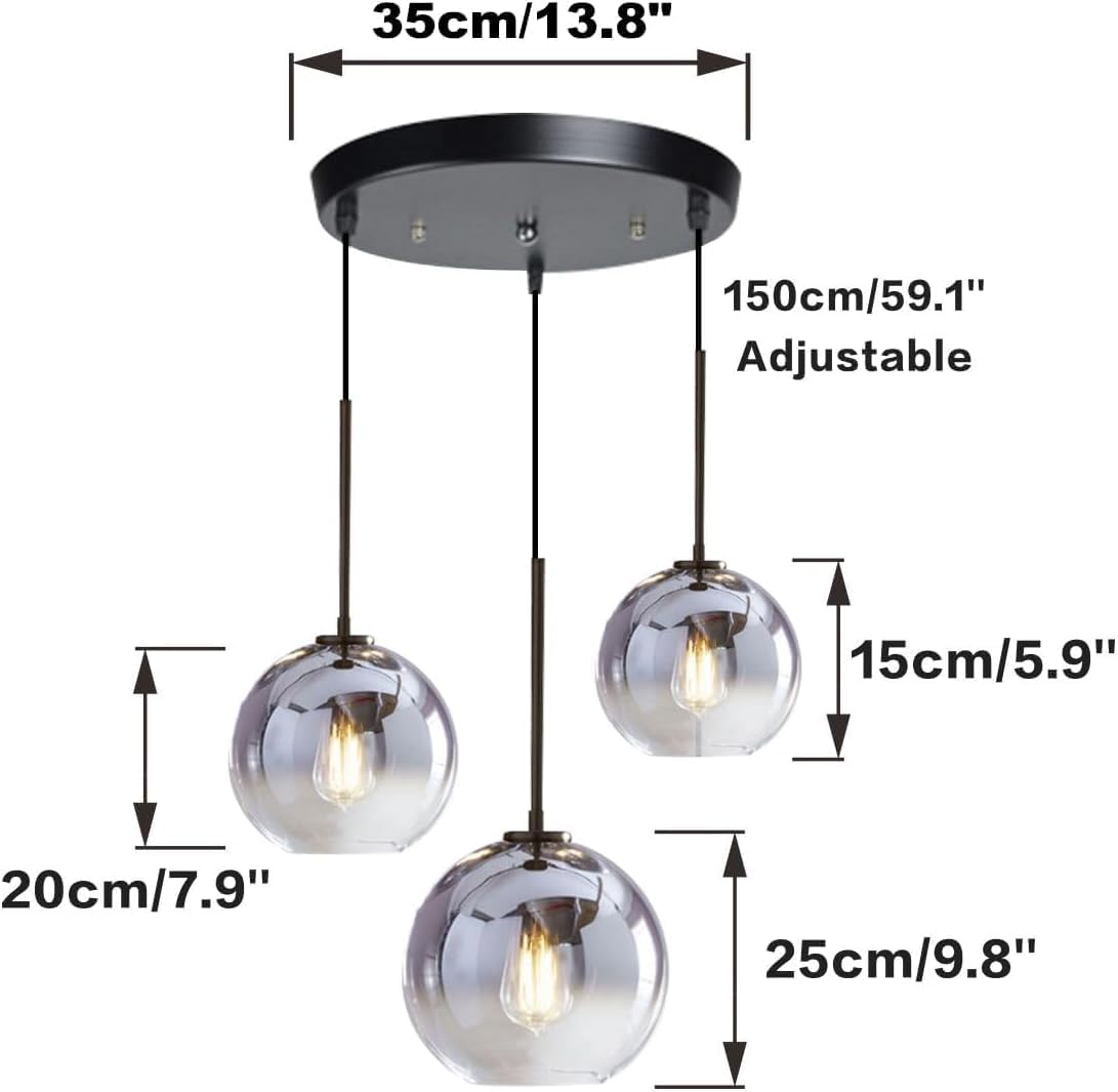 KCO Lighting Modern 3-Light Hanging Light Fixture Silver Gradient Glass Globe Pendant Ceiling Lighting with Adjustable Cord Mid Century Hanging Chandelier Light Fixture for Kitchen Island Bedroom…
