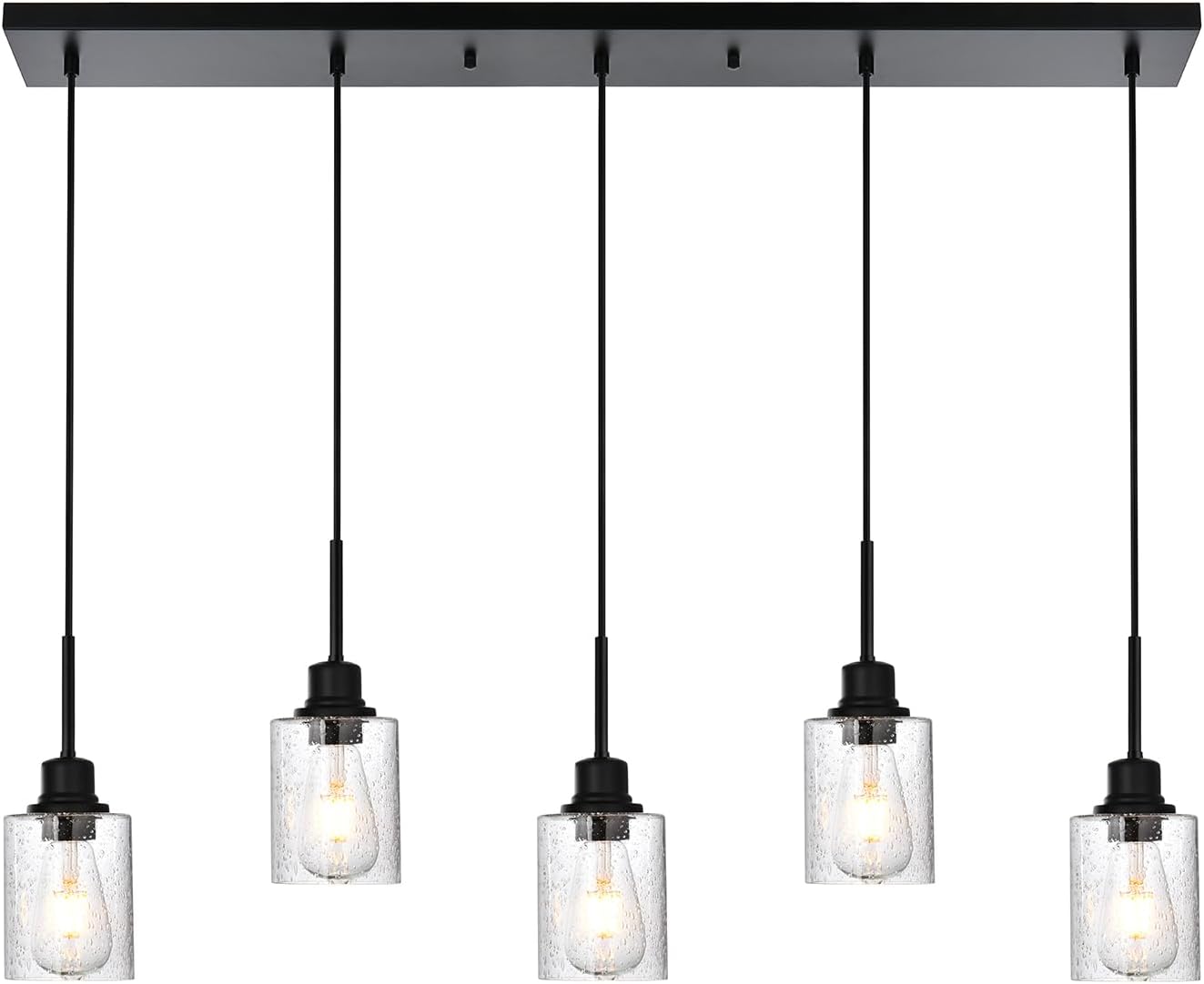 Black Chandelier 5 Light Dining Room Lighting Fixtures Hanging Linear Pendant Lights Industrial Modern Chandelier with Seeded Glass for Kitchen Island Living Room Bedroom Foyer Hall Entryway