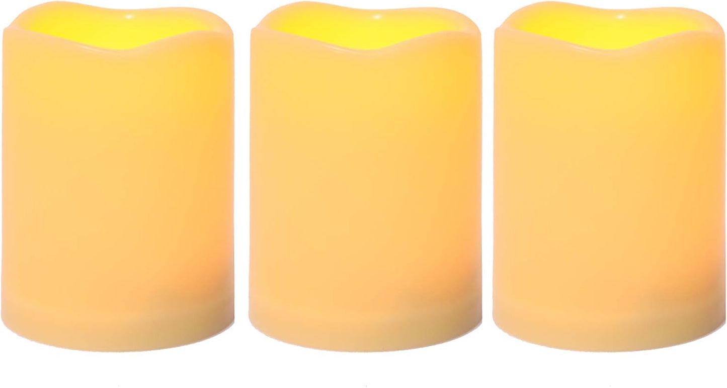 CANDLE CHOICE Waterproof Outdoor Battery Operated Flameless Candles with Timer Realistic Flickering Plastic Fake Electric LED Pillars for Lantern Garden Wedding Christmas Decorations 3”x4” 3 Pack