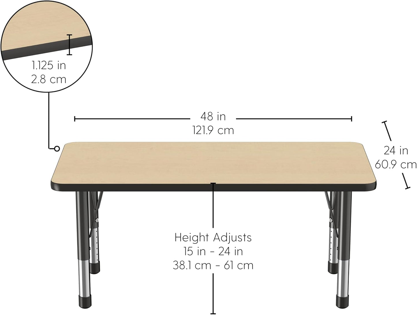 FDP Rectangle Activity School and Kids Classroom Table (24 x 48 inch), Toddler Legs, Adjustable Height 15-24 inches - Maple Top and Black Edge