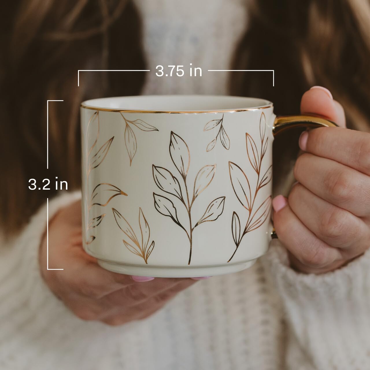 Sweet Water Decor Gold Leaves Mug with Gold Handle, 14oz Fine Bone China Coffee Cup for Tea, Latte, or Hot Cider, Autumn Leaf Drinkware, Fall Decorations for Kitchen, Gift for Mom, Sister & Wife