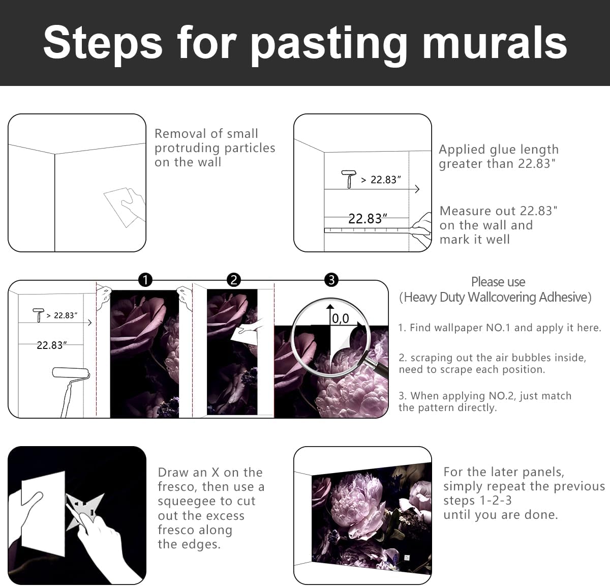 -Black Peony Purple Floral Botanical Fabric Wallpaper Living Room Bedroom Bathroom Dark Flowers Large Wall Mural- 160"x108"（ not Peel and Stick）