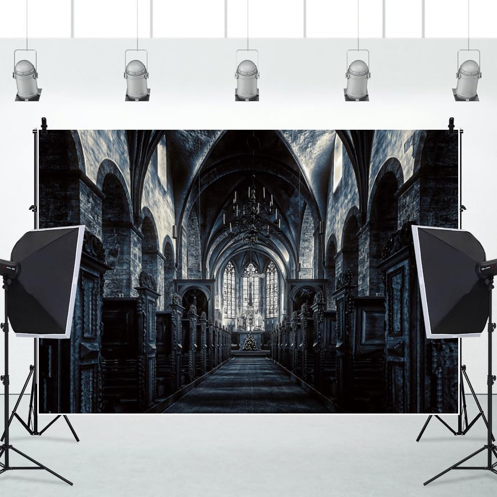 ChloropLastid 12x8ft Scary Church Halloween Backdrop Dark Black Horror Gothic Medieval Castle Interior Photography Background Halloween Night Carnival Theme Party Decor Banner Photo Studio Props