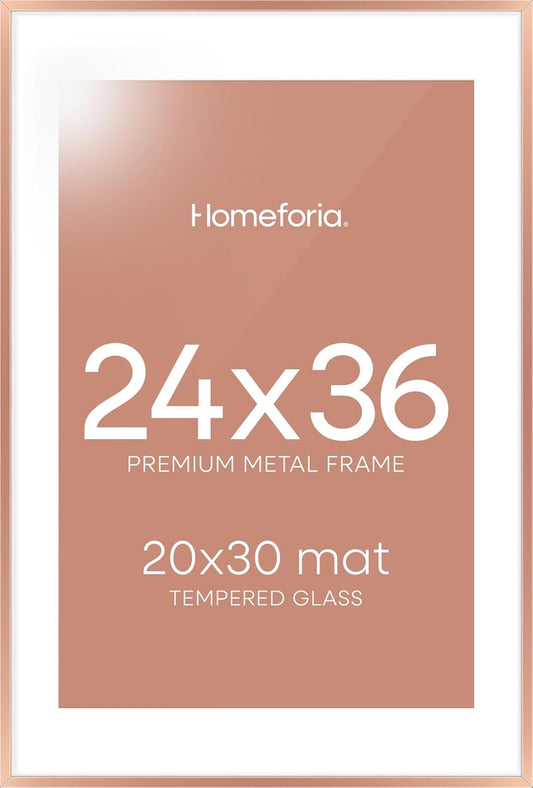 Homeforia 24 x 36 Poster Frame Rose Gold, Premium 24x36 Puzzle Frame Metal Matted to 20x30 Photo, 36 x 24 Picture Frame with Mat for 20 x 30 Photo, Tempered Glass, Wall Hook Included, Set of 1
