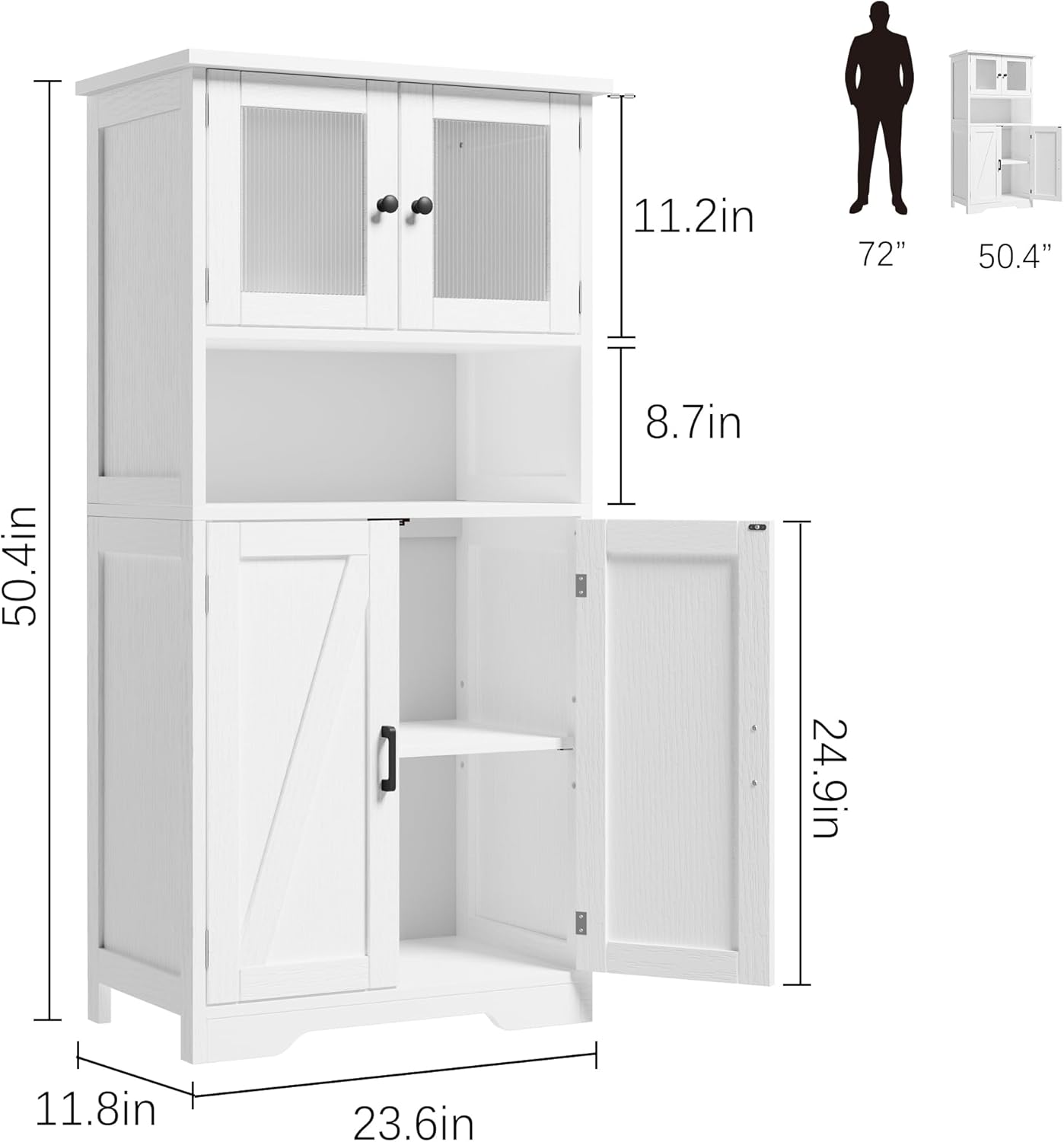 GarveeHome 54in Tall Bathroom Cabinet, Farmhouse Storage Cabinet with Glass Doors and Adjustable Shelves, Freestanding Kitchen Pantry Cabinets, Cupboard for Living Room, Dining Room, White