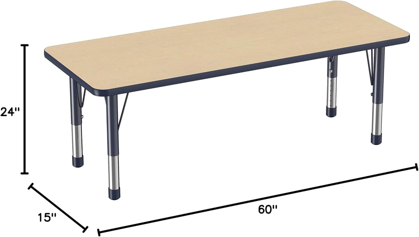 Factory Direct Partners FDP Rectangle Activity School and Classroom Kids Table (24 x 60 inch), Chunky Toddler Legs, Adjustable Height 15-24 inches - Maple Top and Navy Edge