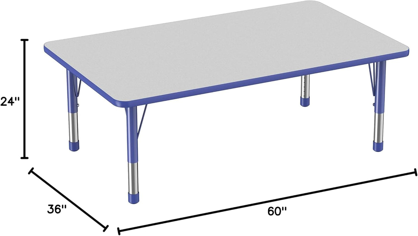 Factory Direct Partners FDP Rectangle Activity School and Classroom Kids Table (36 x 60 inch), Toddler Leg, Adjustable Height 15-24 inches - Gray Top and Blue Edge