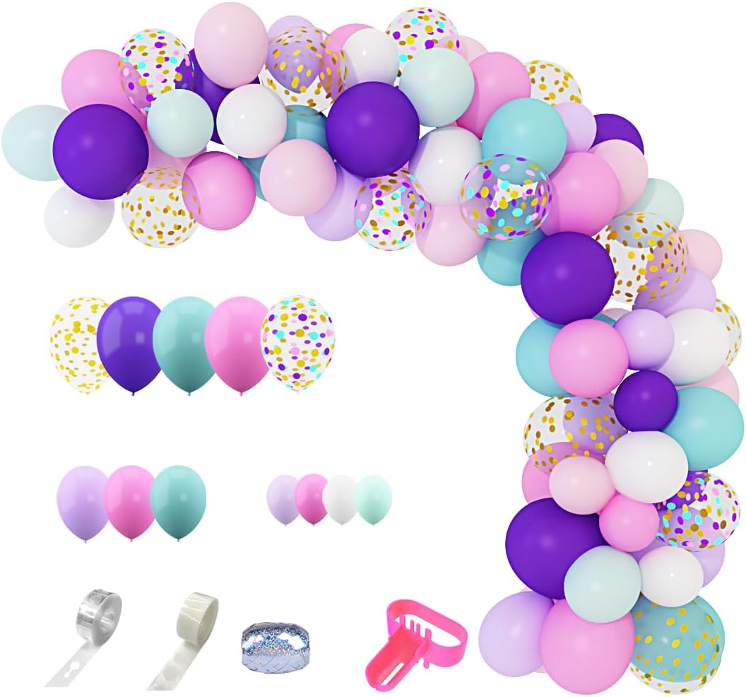 Amandir 134pcs Unicorn Balloons Arch Garland Kit, Unicorn Birthday Party Decorations for Girls Confetti Light Purple Aqua Blue Pink Balloons Set Wedding Baby Shower Party Supplies