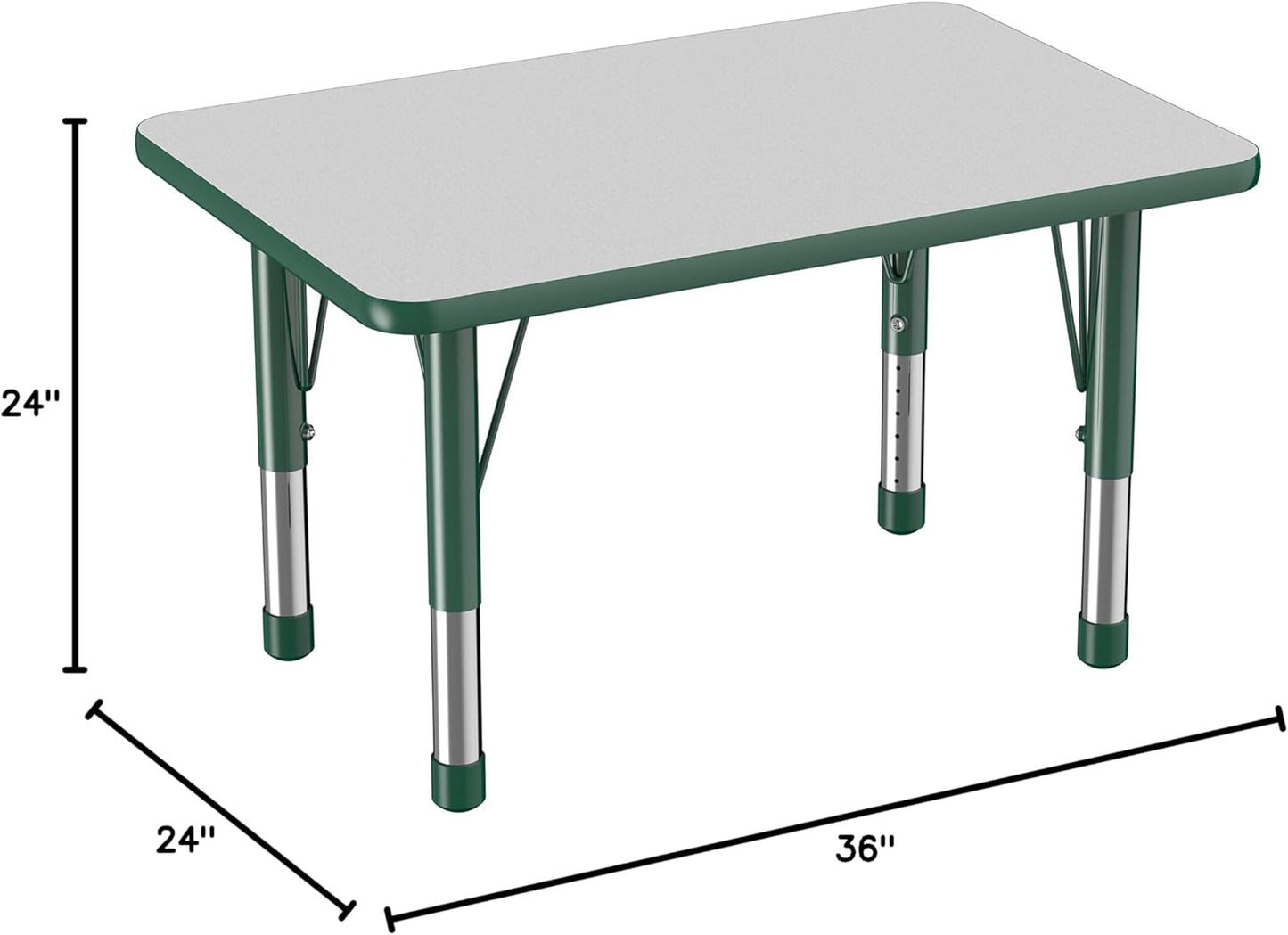 FDP Rectangle Activity School and Classroom Kids Table (24 x 36 inch), Chunky Toddler Leg, Adjustable Height 15-24 inches - Gray Top and Green Edge