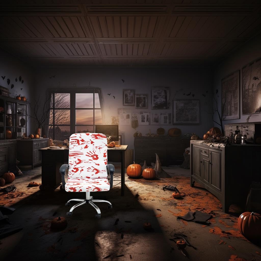 Halloween Office Chair Covers - Horror Bloody Handprints Footprints on White - Stretchable Slipcover for Modern Simplism Style High Back Boss Chair - Machine Washable - Size M