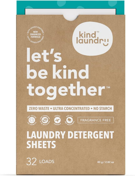 Kind Laundry Detergent Sheets with Powerful Stain-Fighting Enzymes - Biodegradable Plant Powered Eco-Friendly Laundry Soap Sheets - Home or Travel Laundry Detergent (Fragrance Free, 32 Loads, 10 Pack)