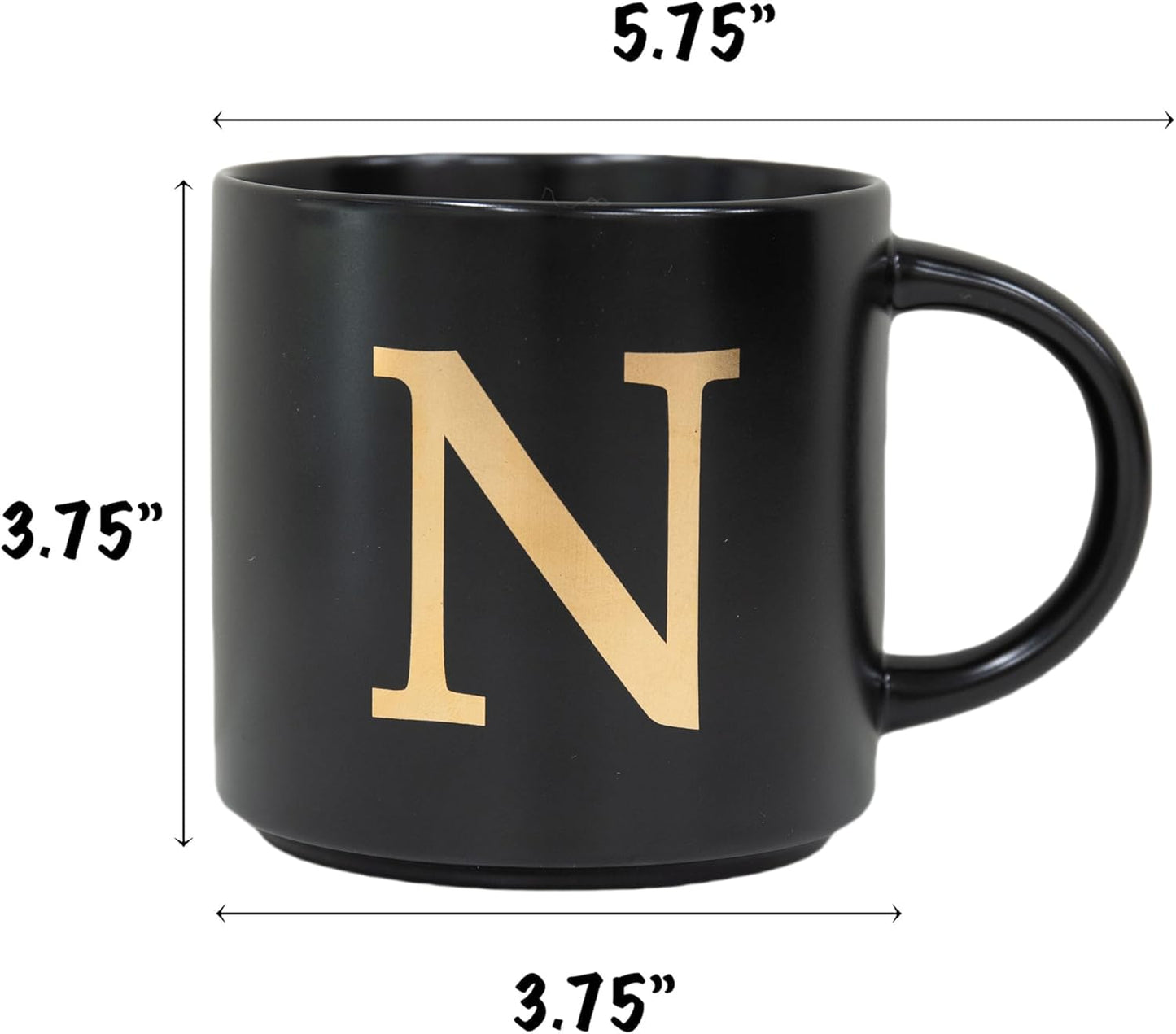 COLLECTIVE HOME - Monogram Ceramic Mugs, 15 oz Golden Initial Black Coffee Cups, Elegant Alphabet Tea Mugs, Elegant Personalized Mug with Gift Box, Unique Mug with Double Side Capital Lette (N)