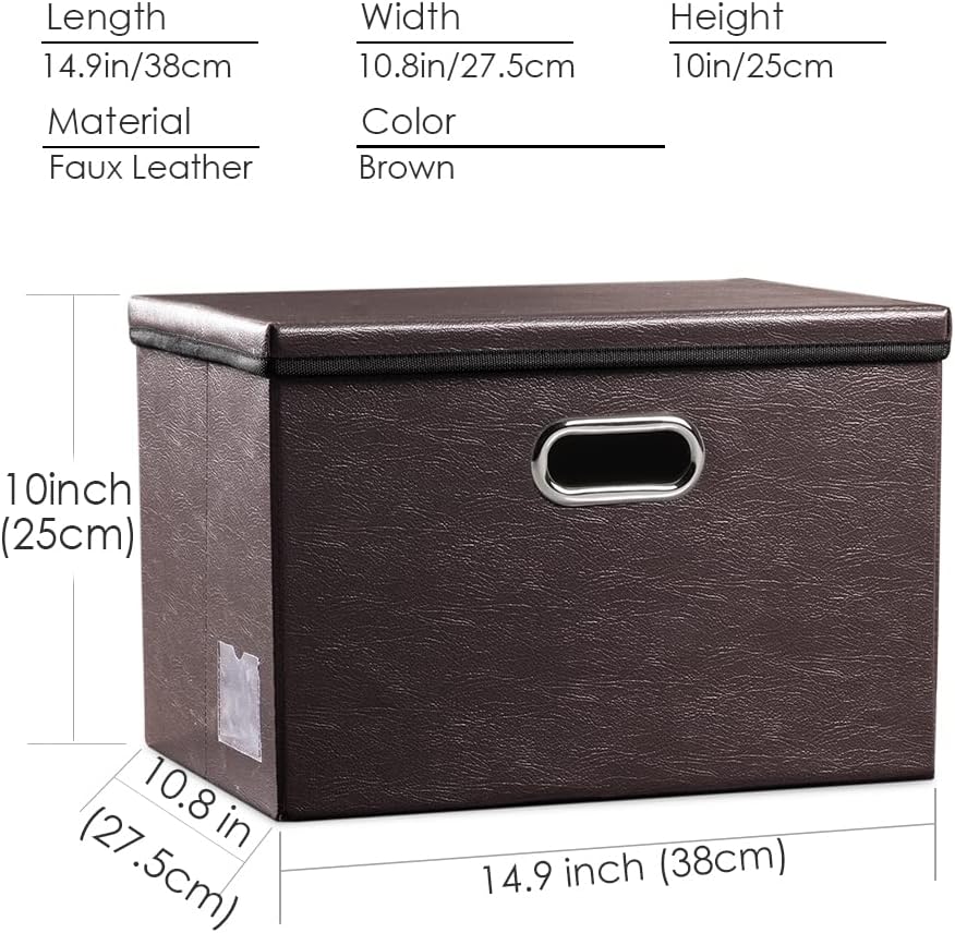 PRANDOM Collapsible Storage Bins with Lids [3-Pack] Leather Fabric Foldable Storage Boxes Organizer Containers Baskets Cube with Cover for Bedroom Closet Office Nursery Brown (14.9x10.8x10)