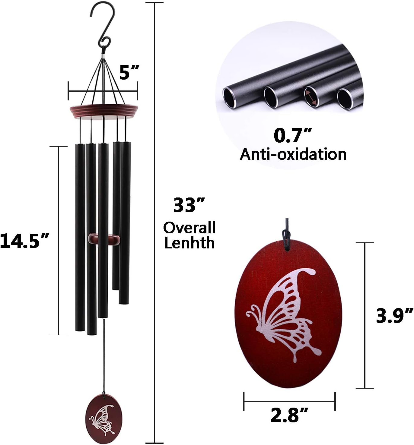 Wind Chimes for Outside, WindChimes Outdoor Tuned Soothing Melody, Windchime Gifts for Mom/Grandma,Wind Chimes Outdoor Decoration, Patio, Garden, Yard. (33" Red Butterfly)