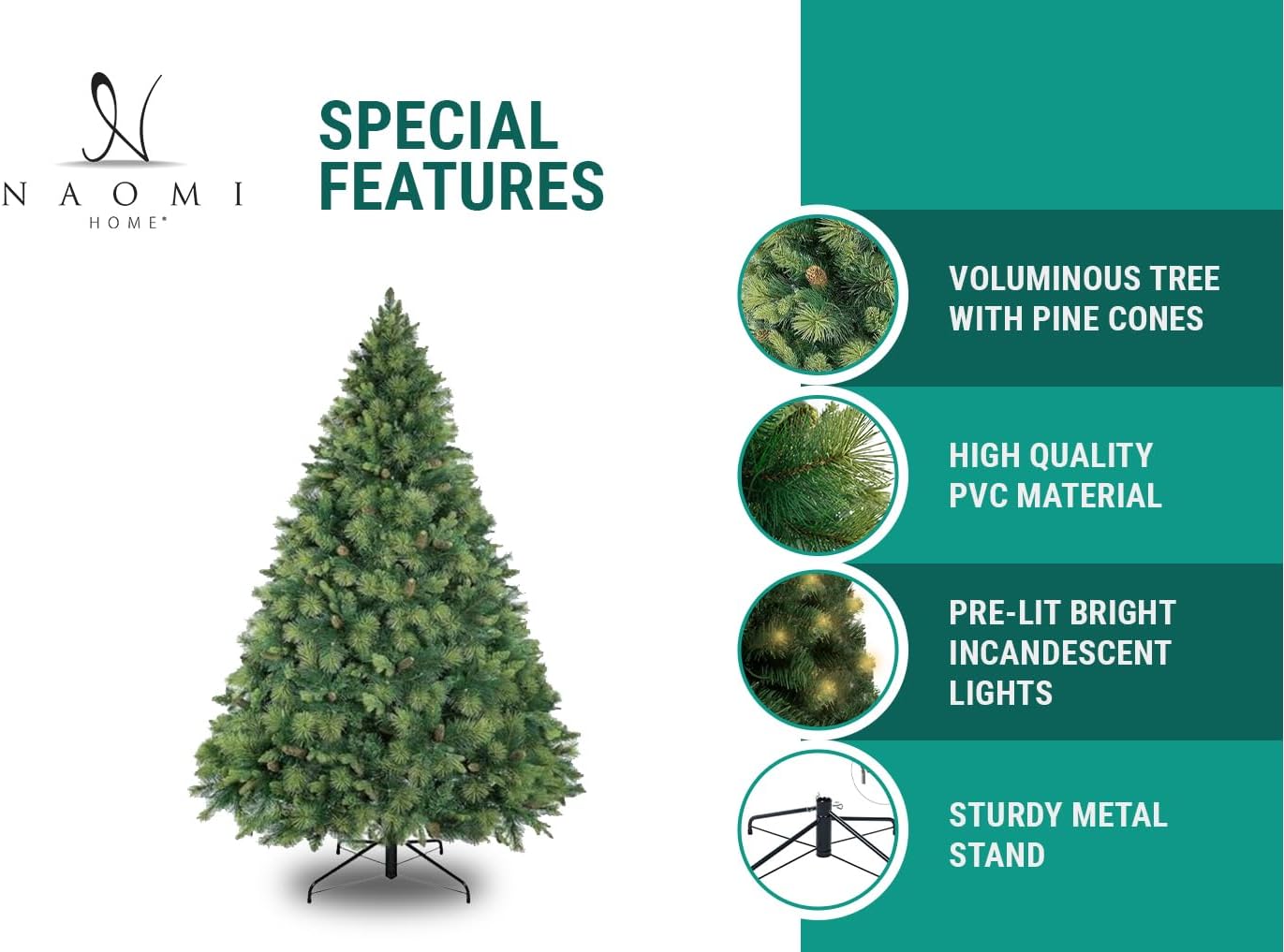 Naomi Home 7.5ft Christmas Tree with Lights, Realistic Traditional Prelit with Pine Cones, Foot Pedal 1556 Branch Tips, 750 Warm Lights and Metal Stand, Aritificial Tree