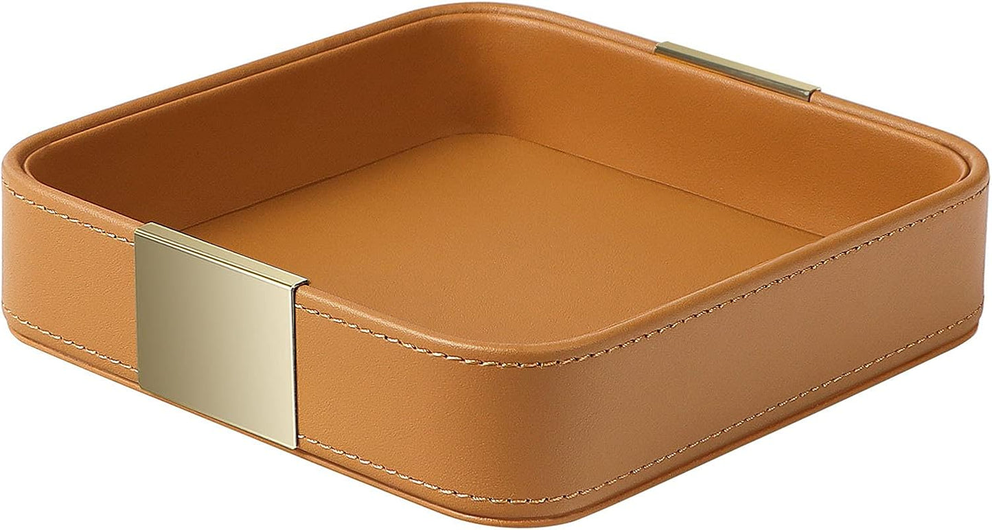 SANZIE Luxury Leather Desktop Storage Small Catchall Organizer Decorative Tray for Entryway Table to Hold Jewelry Watch Cosmetics Keys Phone Wallet, Home & Office Accessories (Metal Glided, Orange)