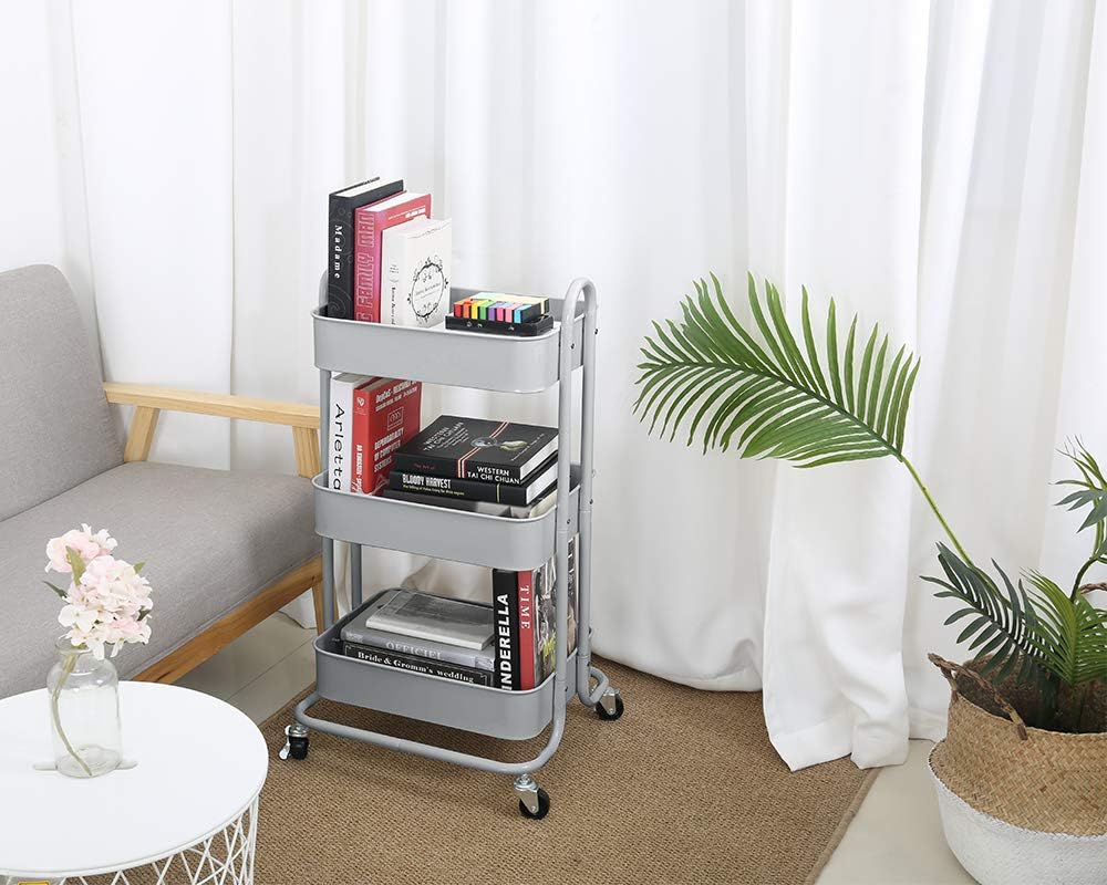 Melody House 3-Tier Metal Mesh Utility Rolling Cart Storage Organization Cart with Wheels, Light Gray