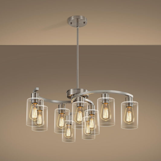 9-Light Brushed Nickel Glass Chandelier, Adjustable Height Hanging Industrial Dining Room Chandelier Over Table, Modern Farmhouse Chandelier for Kitchen Island Living Room Entryway Bedroom