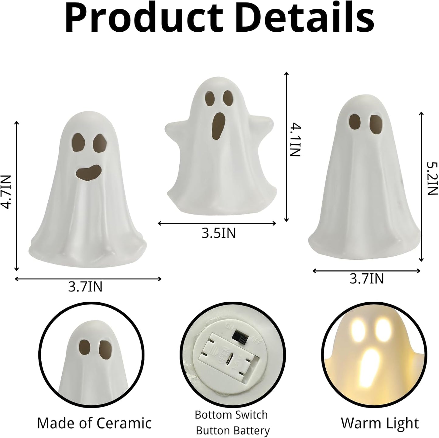 3 Pack Halloween Ceramic Ghost Decor, Light Up Ghost Halloween Decor, Cute Ghost Figurines for Table Tray Fireplace Home Indoor Decoration