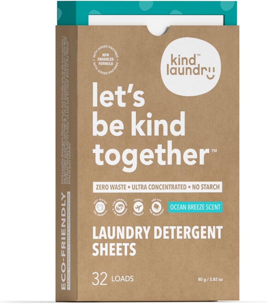 Kind Laundry Detergent Sheets with Powerful Stain-Fighting Enzymes - Biodegradable Plant Powered Eco-Friendly Laundry Soap Sheets - Home or Travel Laundry Detergent (Ocean Breeze, 32 Loads, 10 Pack)