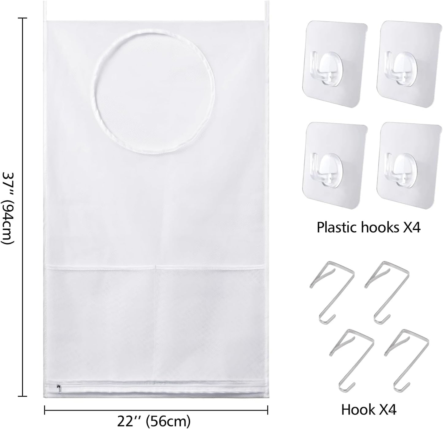 Saves Space Door-Hanging Laundry Bag,Door Hanging Laundry Hamper with 2 Different Types of Hooks, Polyester Fabric Hanging Laundry Basket for Clothes Size 22"X37" -2 Pack White