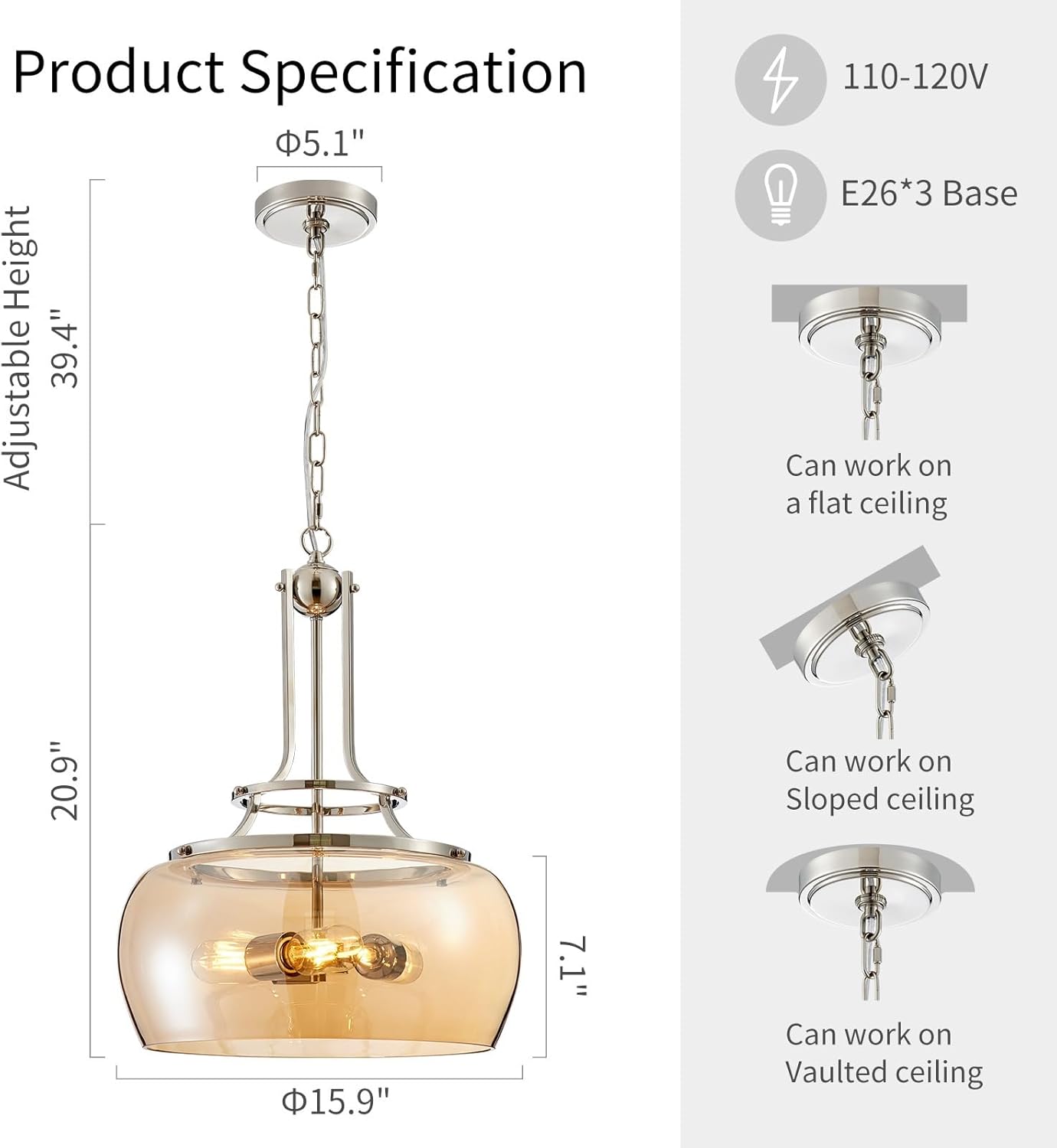 WUZUPS Nickel Chandelier Rustic Farmhouse Industrial Round Ceiling Pendant LED Light Fixture with Amber Glass Shade for Dining Room Kitchen Island Foyer Entryway, H 20.9" W 15.9", E26 Base