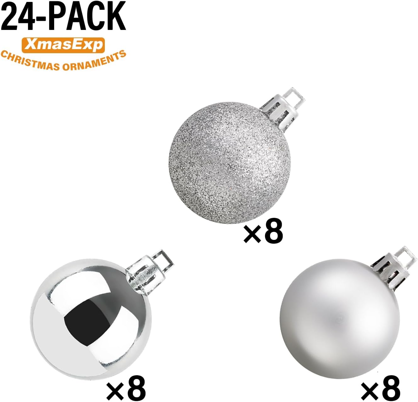 XmasExp 24ct Mini Christmas Ball Ornaments Shatterproof Christmas Ornaments Set Decorations for Xmas Tree Balls 30mm/1.18" (Silver)