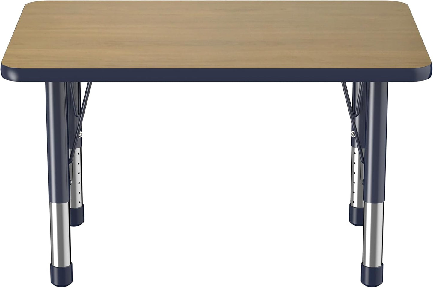 FDP Rectangle (24 x 36 inch) Classroom Table with Adjustable Chunky Toddler Legs (15-24 in); Preschool, Kinder and Daycare Furniture - Pasadena Oak Top/Navy Edge and Legs