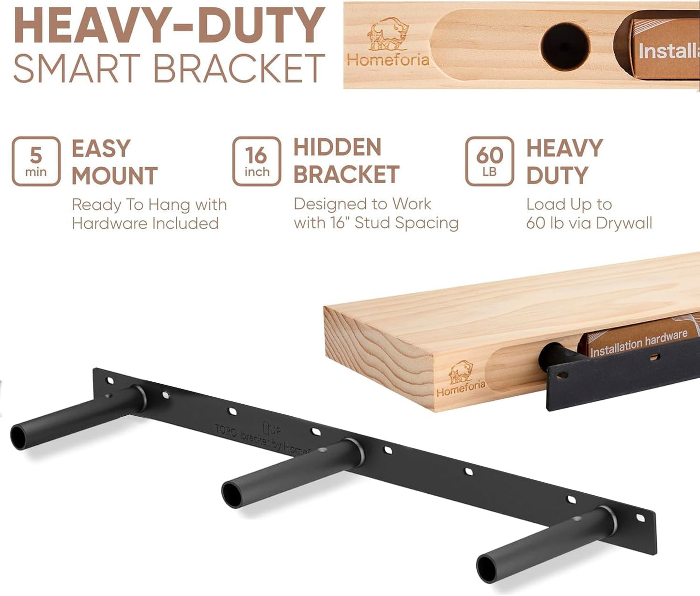 Homeforia 48 inch Walnut Floating Shelf, High End Solid Real Wood Large 48inch Floating Shelves for Wall, Dark Brown 48 inches Long Floating Shelves, Heavy Duty Bracket, 48 X 6.5 X 1.75 inch, Set of 2