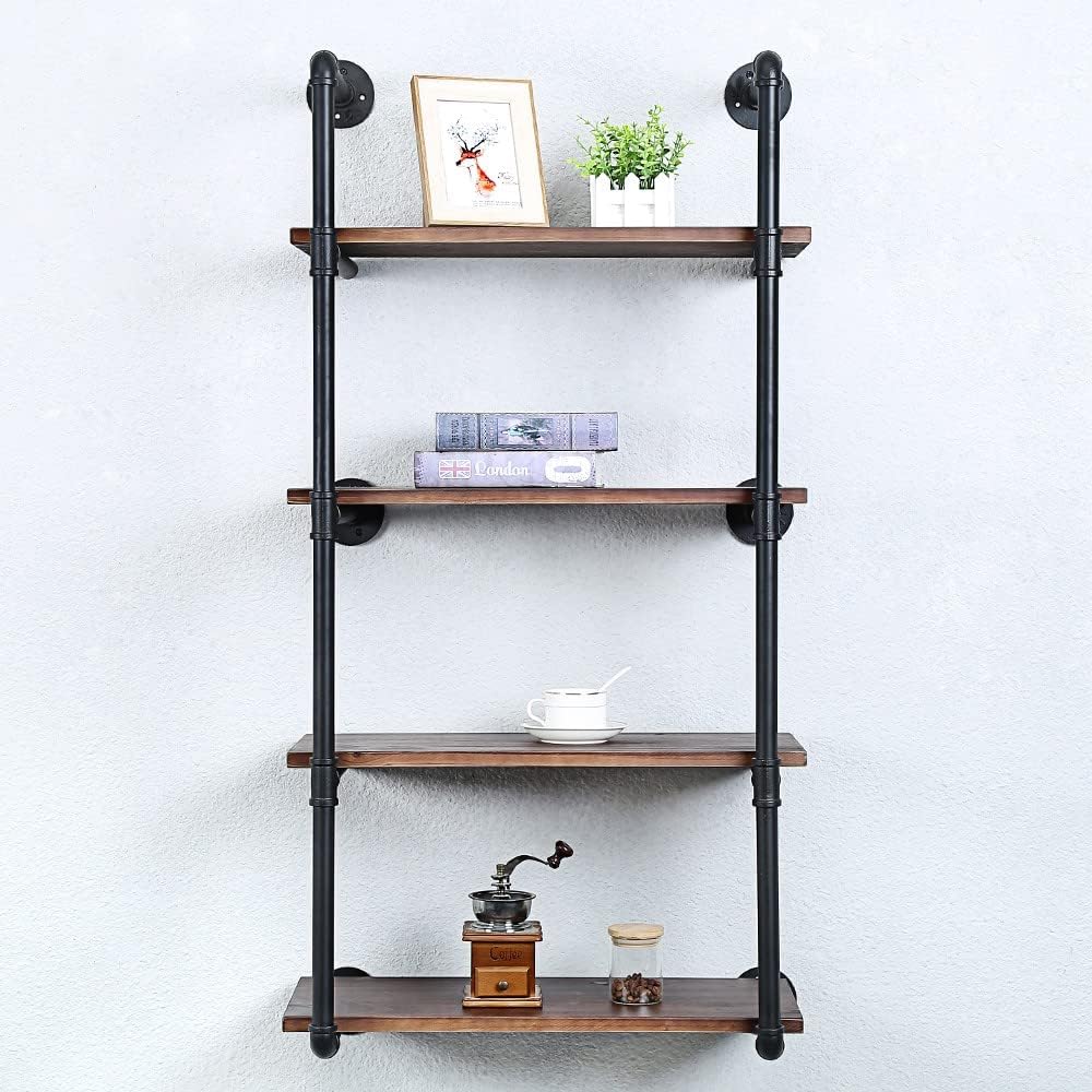 Industrial Pipe Shelving Wall Mounted,24in Rustic Metal Floating Shelves,Steampunk Real Wood Book Shelves,Wall Shelf Unit Bookshelf Hanging Wall Shelves,Farmhouse Kitchen Bar Shelving(4 Tier)