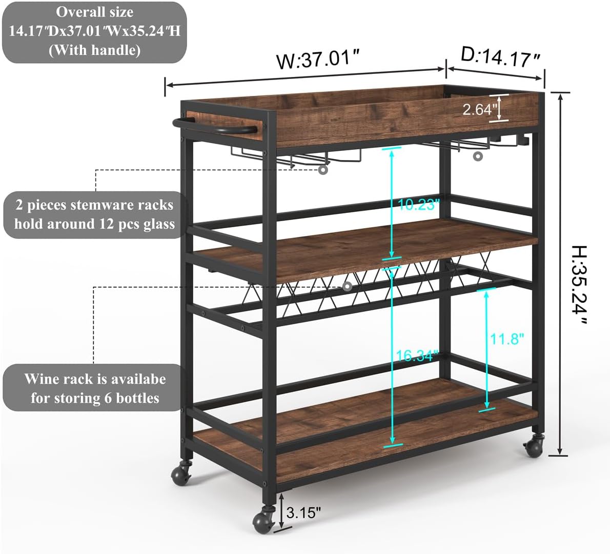 BON AUGURE Bar Cart for The Home, Rolling Home Bar Serving Cart on Wheels, 3 Tier Liquor Beverage Carts with Wine Rack and Glass Holder (Rustic Oak)