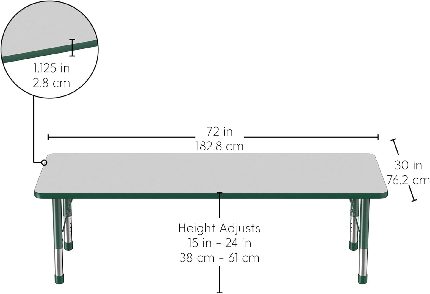 FDP Rectangle Activity School and Classroom Kids Table (30 x 72 inch), Chunky Toddler Leg, Adjustable Height 15-24 inches - Gray Top and Green Edge