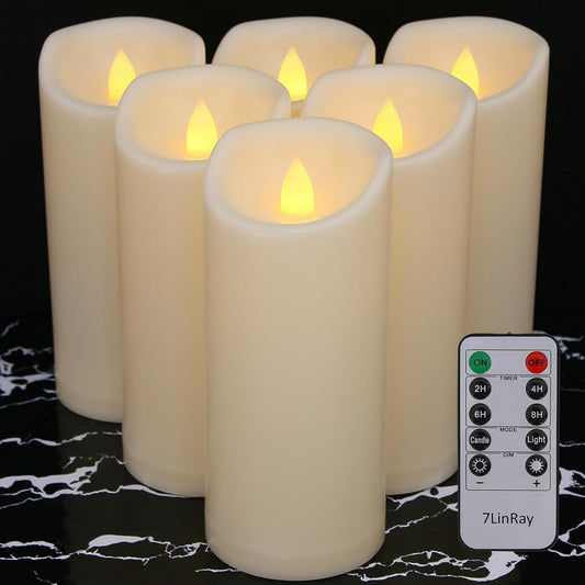 6 Pack 3"x7" Outdoor Waterproof Flameless Candles with Remote and Timer, Battery Operated Flickering LED Pillar Candles for Wedding Halloween Lantern Decoration, Ivory Plastic