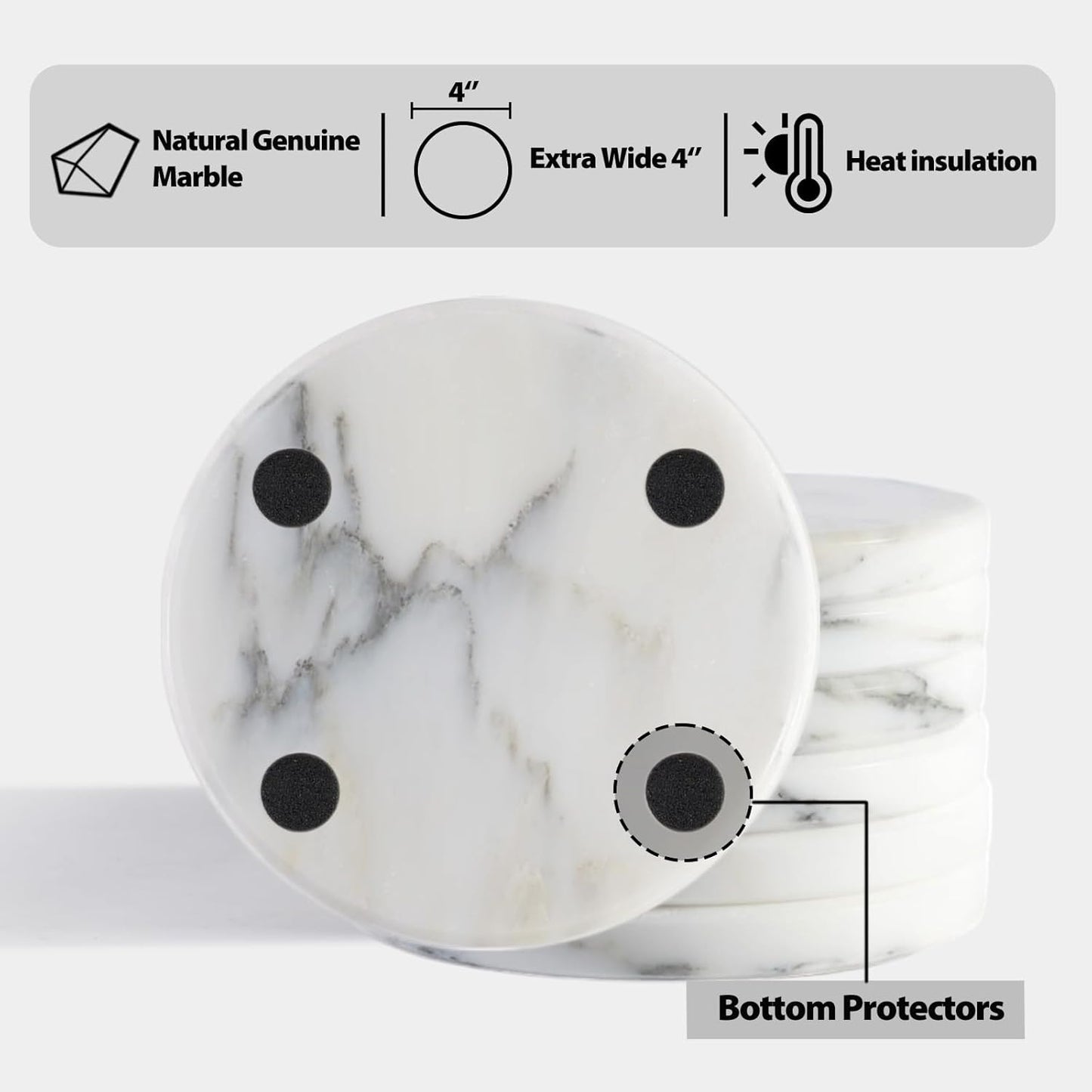 BCS Marble Coasters Set of 6 with Holder - Premium White Stone Drink Coasters, Durable Cup Mats for Coffee, Beer, Wine - Non-Slip Modern Table Decor for Home, Office, Dining