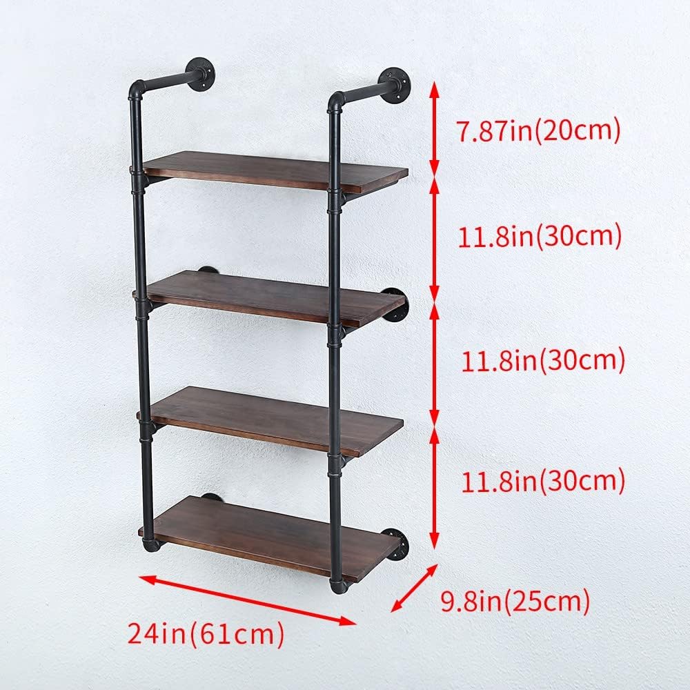 Industrial Pipe Shelving Wall Mounted,24in Rustic Metal Floating Shelves,Steampunk Real Wood Book Shelves,Wall Shelf Unit Bookshelf Hanging Wall Shelves,Farmhouse Kitchen Bar Shelving(4 Tier)