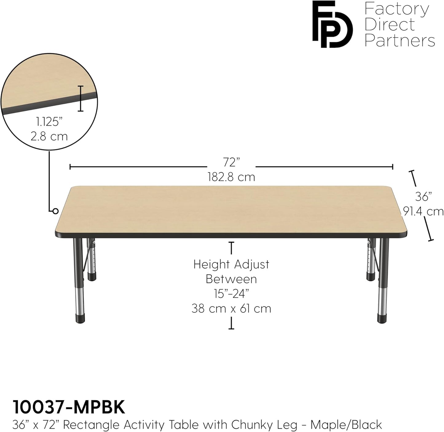 FDP Rectangle Activity School and Classroom Kids Table (36 x 72 inch), Toddler Legs, Adjustable Height 15-24 inches - Maple Top and Black Edge