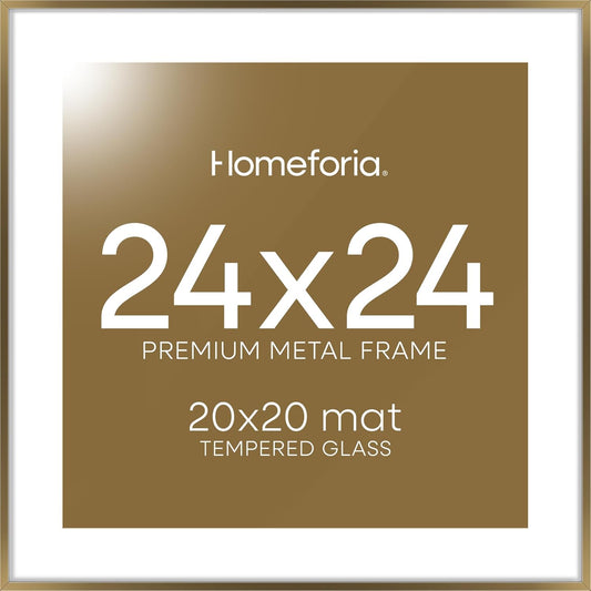 Homeforia 24x24 Picture Frame Bronze, High End Metal 24 x 24 Large Square Poster Frames with Mat 20 by 20 inch Photo, 24by24 Thin Brass Frames Matted to 20x20 Print, Tempered Glass, Wall Kit, Set of 1