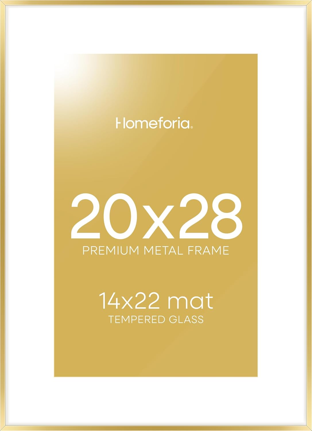 Homeforia 20x28 Picture Frame Gold, High End Metal 20 x 28 Poster Frames with Mat 14 by 22 Photo, 20x28 Gold Frame Matted to 14x22 Print, 28x20 Large Hanging Frames, Tempered Glass, Wall Kit, Set of 1