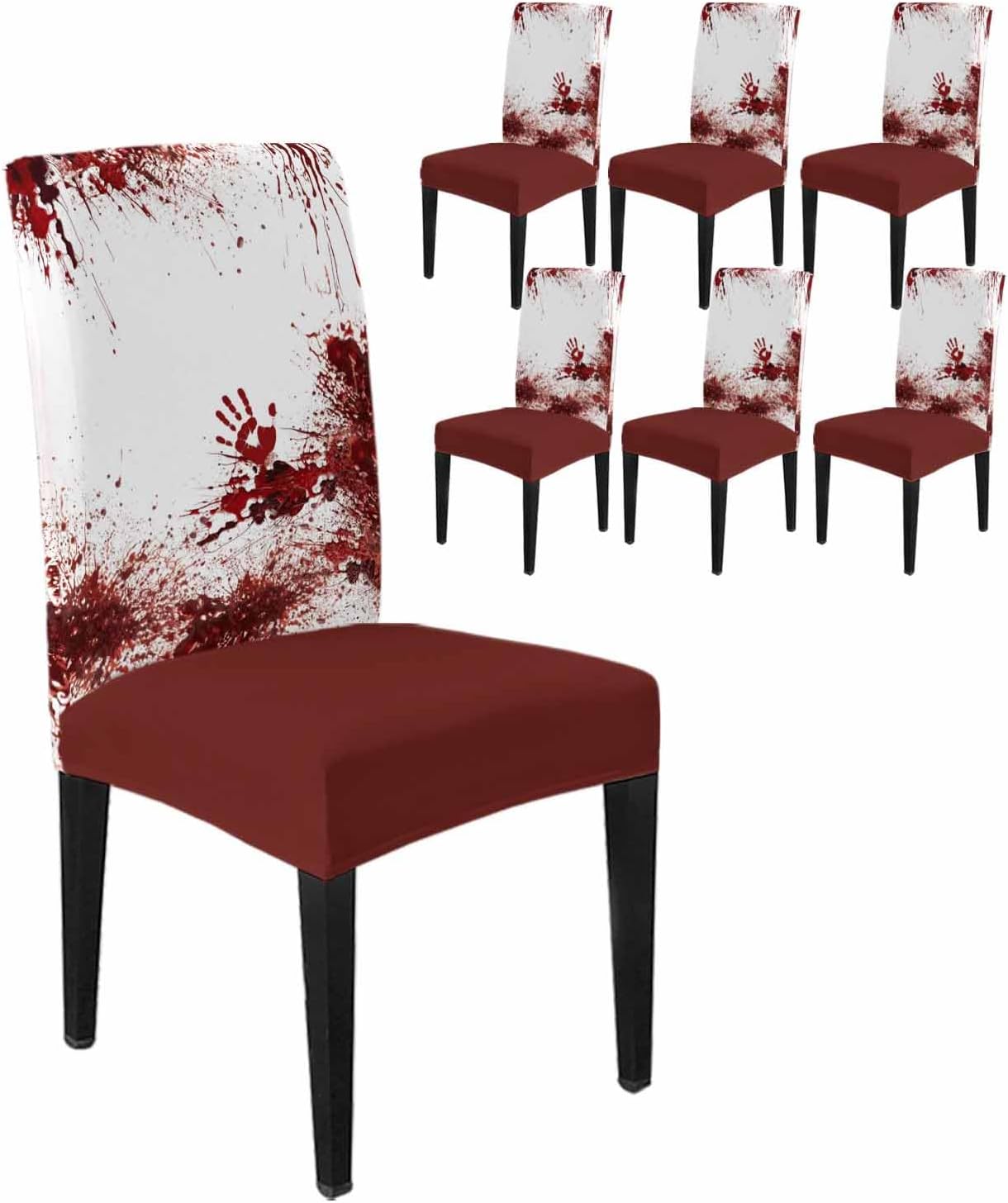 6 Pcs Dining Chair Covers Stretch Spandex Slipcovers Halloween Horror Bloody Handprint Removable Washable Dining Room Seat Cover Cushion Protector for Home Hotel Banquet Decor Red Blood White