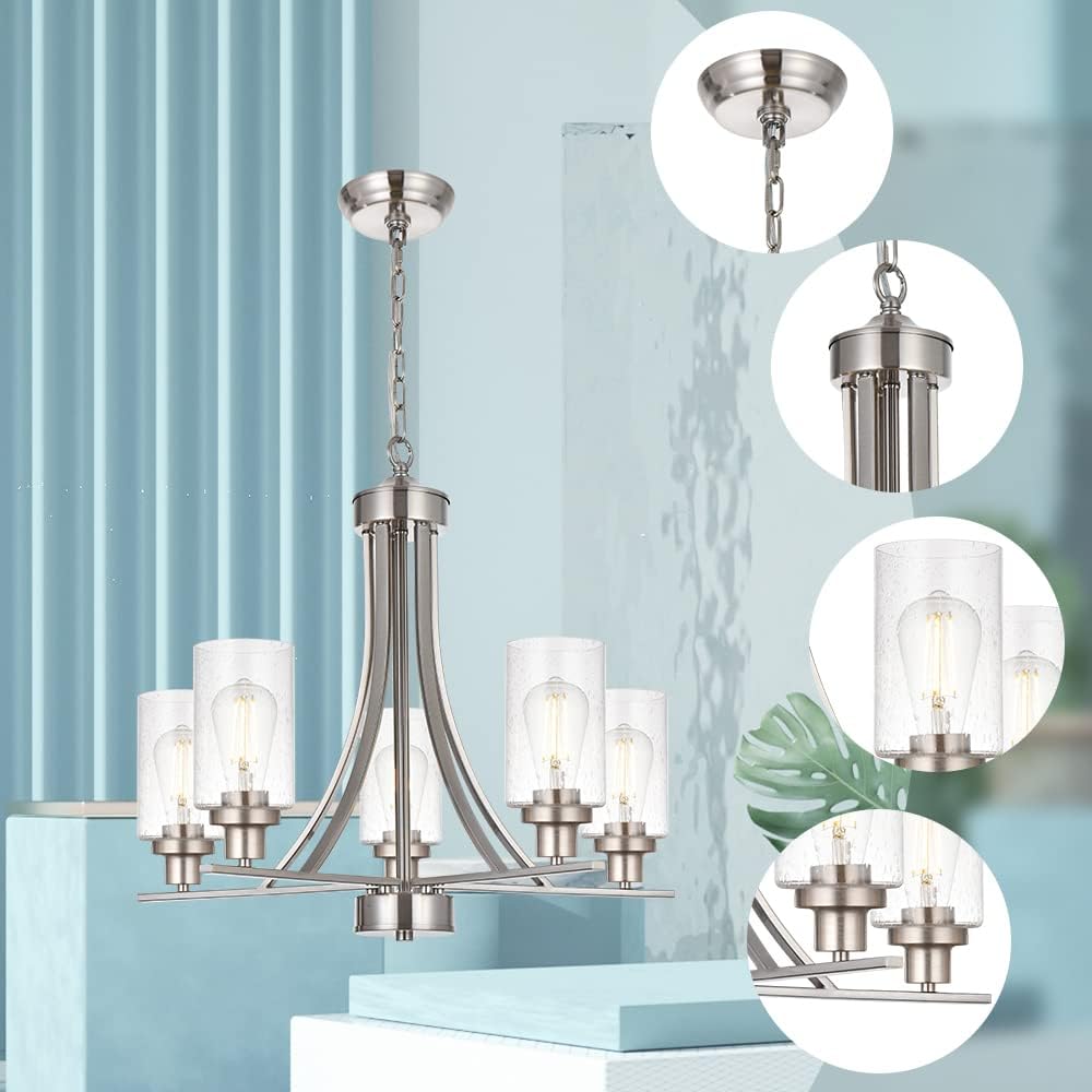 BONLICHT 5 Lights Traditional Chandelier Brushed Nickel Kitchen Island Dining Room Lighting Fixtures Hanging Seeded Glass Pendant Light Modern Flush Mount Ceiling Light for Living Room Bedroom Foyer