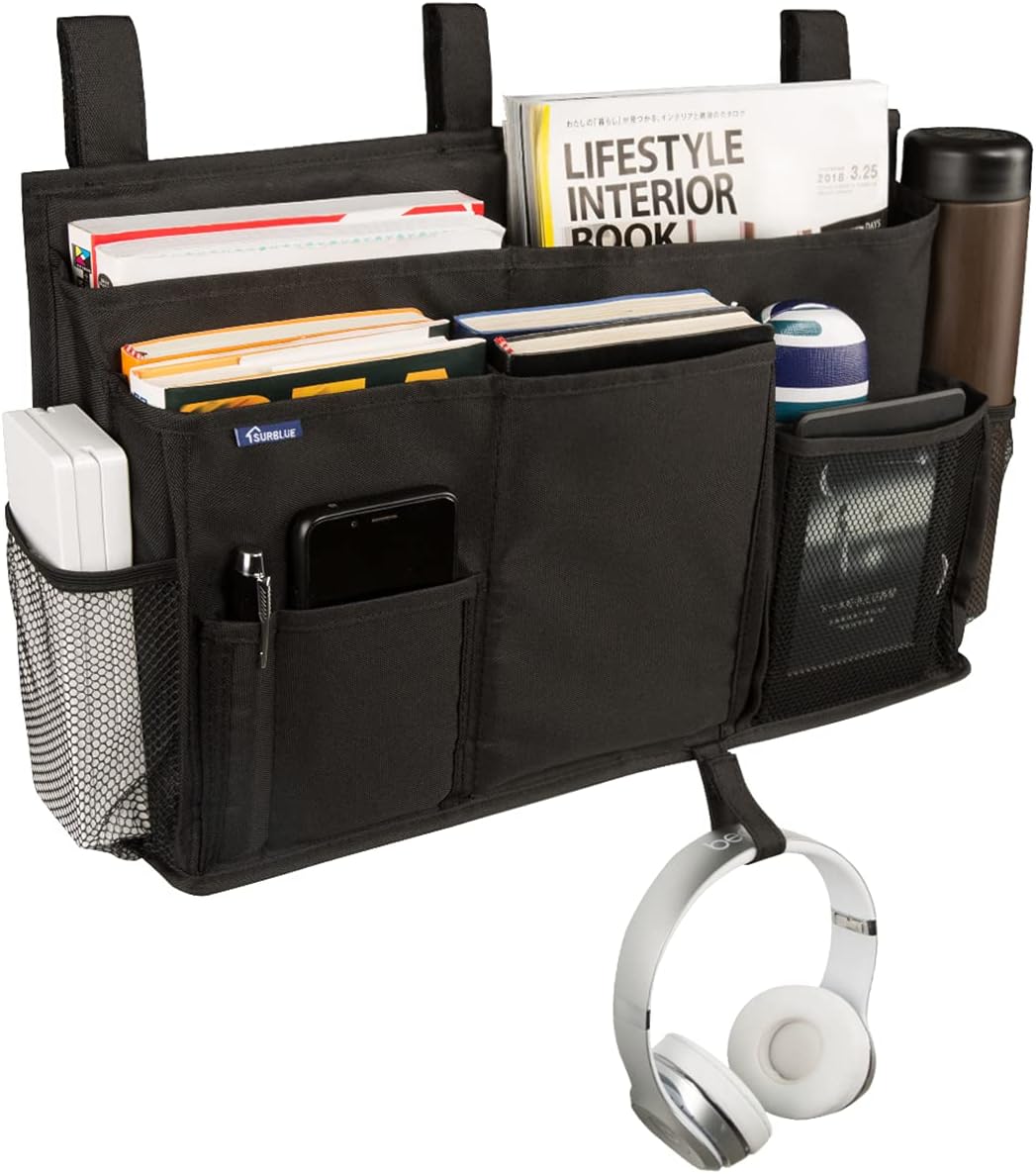 Surblue Caddy Hanging Organizer Bedside Storage Bag for Bunk and Hospital Beds, Black, L