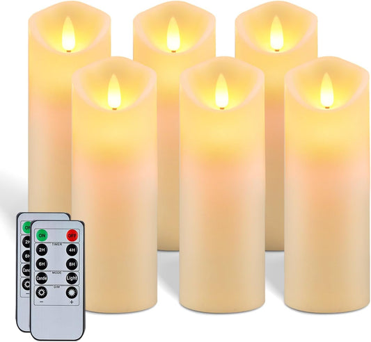 5plots 7"x 2.2" Flickering Flameless Candles, Battery Operated LED Pillar Candles with Timers and Remote Control, Made of Wax-Like Frosted Plastic, Won’t Melt, Ivory, Skinny, Set of 6