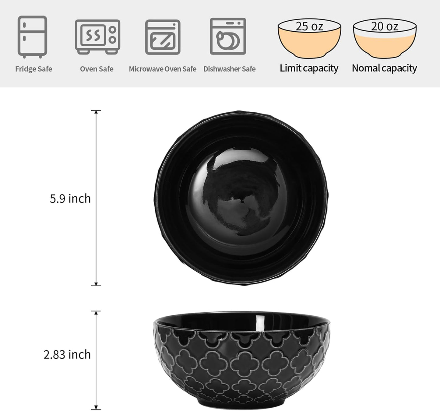 Sureasy Ceramic Cereal Bowls Set of 4, 5.9 Inch Deep Soup Bowls for Kitchen, 25 oz Embossed Stoneware Bowls for Pasta, Salad, Oatmeal, Noodle, Ramen, Microwave Dishwasher Safe, Set of 4, Black