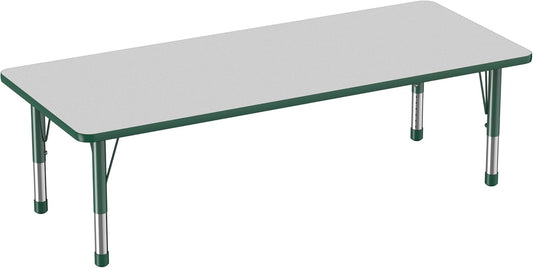 FDP Rectangle Activity School and Classroom Kids Table (30 x 72 inch), Chunky Toddler Leg, Adjustable Height 15-24 inches - Gray Top and Green Edge
