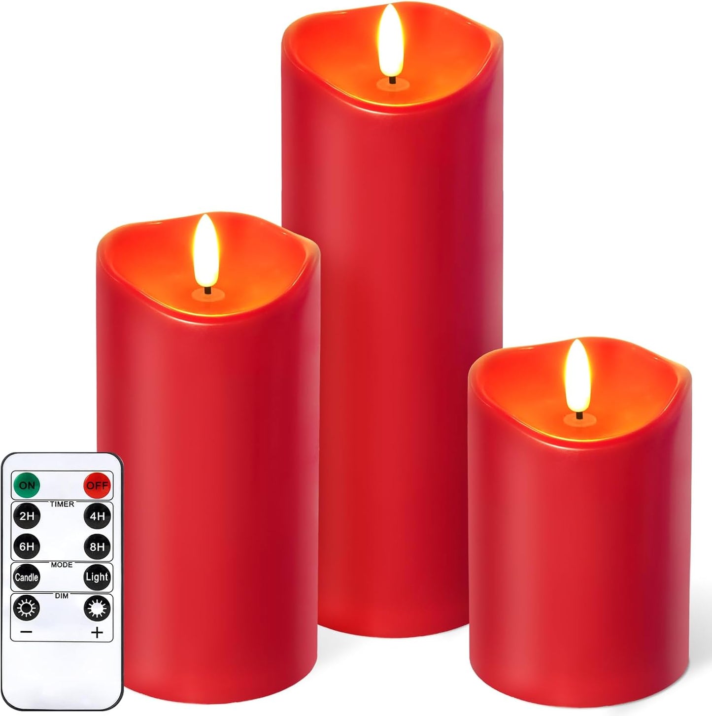 NURADA Outdoor Flameless Candles with Remote Timer - Waterproof Realistic Flickering LED Pillar Electric Battery Operated Fake Candle for Home Wedding Christmas Decor - 3 Pack Red(D3”H4”6”8”)