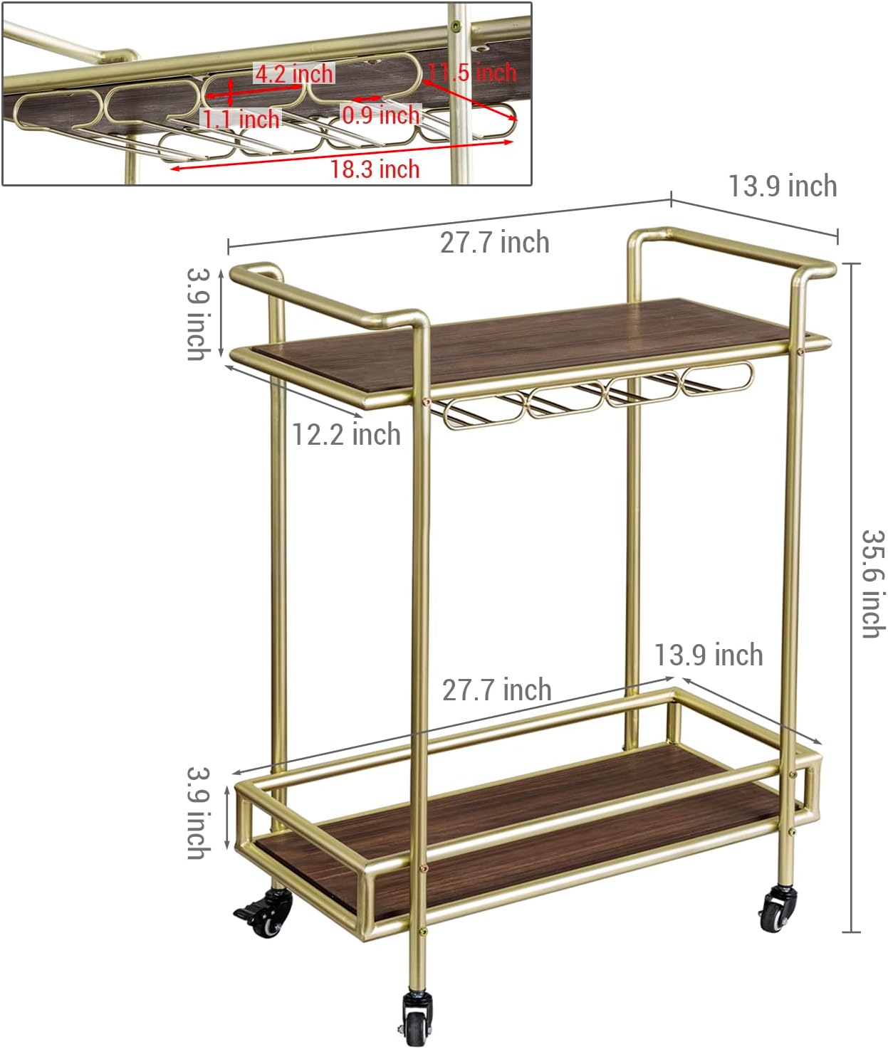 MyGift 2 Tier Rolling Bar Cart, Vintage Brass Tone Metal Cocktail and Wine Trolley with Burnt Wood Shelf Trays, Wine Glass Stemware Holder Rack and Lockable Wheels