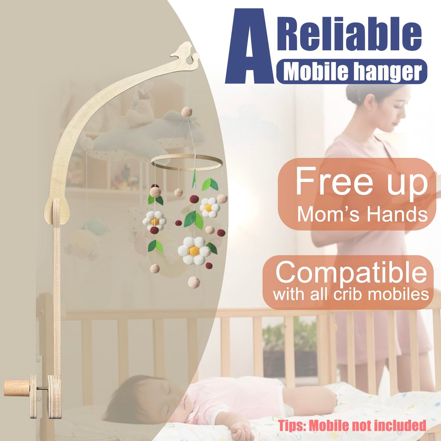 Crib Mobile Wooden Arm, Suitable for All Cribs 100% Natural Larch Hanger Nusery Decor Baby Room Safe Holder(Mobile is not Included (Bird Original Color)