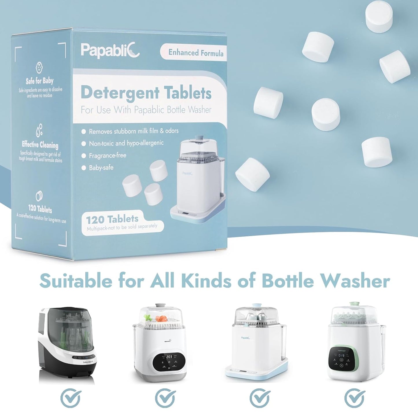 Papablic 120Pcs Official Detergent Soap Tablets for Baby Brezza,GROWNSY,Momcozy Bottle Washer Pro, Effective Cleaning with Safe Highly Concentrated Formula