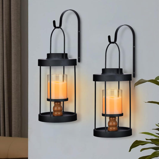Metal Wall Sconce Candle Lantern Set of 2 - Black Wall Mounted Wood and Metal Hanging Holder with Glass & Candles Vintage Wall Decor for Porch, Living Room, Dining Room, Bedroom Indoor Decor